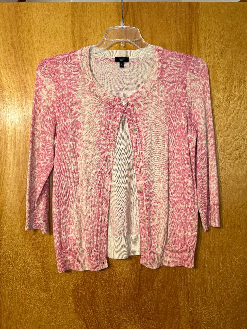 Talbots Petites Pink & Cream Abstract Animal Print Button Cardigan Sz M